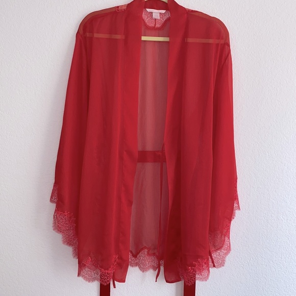 Rare Chantilly VS Lace Trim Short Robe Kimono One Size Red - Picture 7 of 8